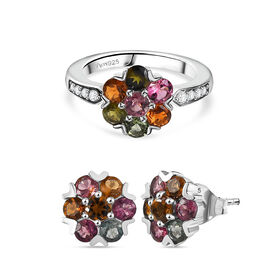 D'Joy Multi-Turmalin floraler Ring und Ohrringe