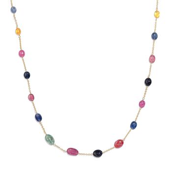 Mehrfarbige Saphir Halskette, ca. 60 cm, 925 Silber 750 Gelb Vergoldet ca. 45.00 ct