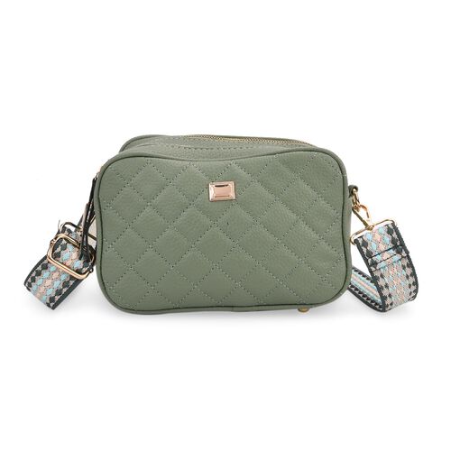 Crossbody-Tasche in Stepp-Optik mit abnehmbarem ethnischem Gurt, 21x13x7,5cm, Grün image number 0