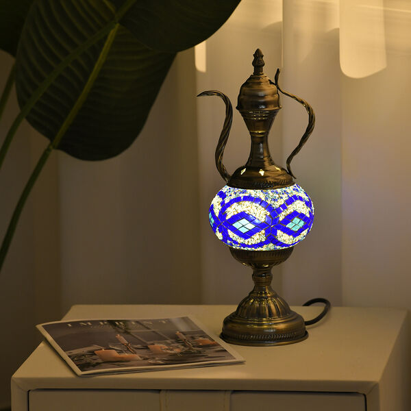 Handgefertigte orientalische Mosaik Glas Tischlampe - Weinkrug Form, Gr&ouml;&szlig;e 12x38 cm, Blau image number 2