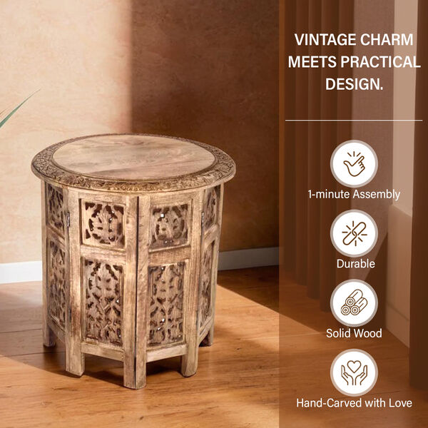 NAKKASHI handgeschnitzter Beistelltisch aus Mangoholz, 45 x 45 x 45 cm, braun image number 2