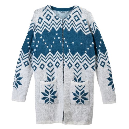 Kuscheliger Winter-Cardigan mit 2 Taschen, Einheitsgröße, blaues Schneeflockenmuster image number 0