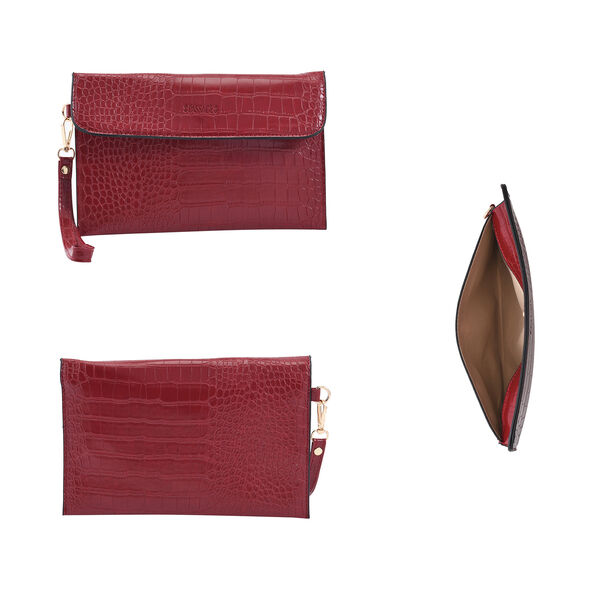 Passage - 4er-Set, Handtasche, Crossbody Tasche, Clutch und Brieftasche mit Kroko-Prägung, Blumenmuster, Burgunderrot image number 5