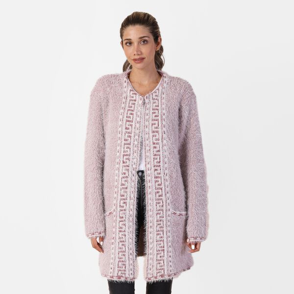 Langer Cardigan mit Taschen und Knopf, gestrickt, Einheitsgr&ouml;&szlig;e Rosa