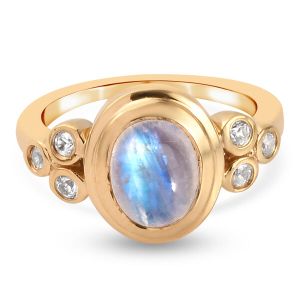 Regenbogen Mondstein und Zirkon-Ring, 925 Silber vergoldet  ca. 2,46 ct