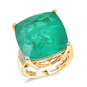 D'Joy - Hoch gefasster Cocktail Smaragd-Quarz Triplette, Wei&szlig;er Zirkon Ring 925 Silber 750 Gelbgold Vermeil (Gr&ouml;&szlig;e 18.00) ca. 24.64 ct