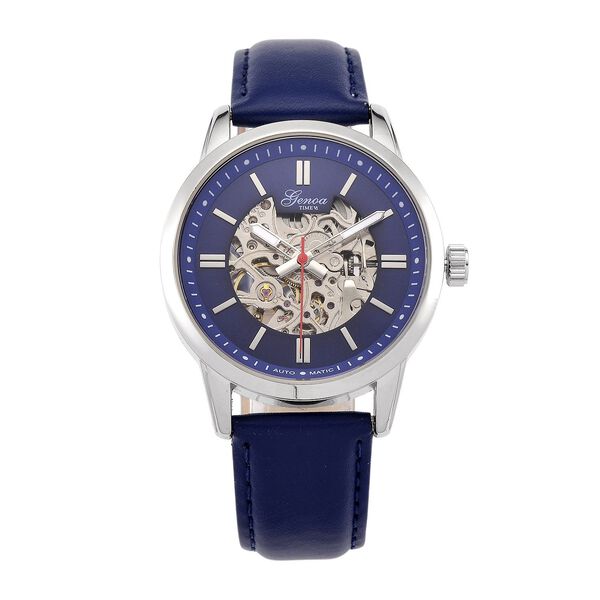 GENOA TIME V2 Automatikuhr mit mechanischem Automatikwerk, Zifferblatt Blau mit Sonnenschliff und offenem Design, Lederarmband Blau, 3 ATM wasserdicht