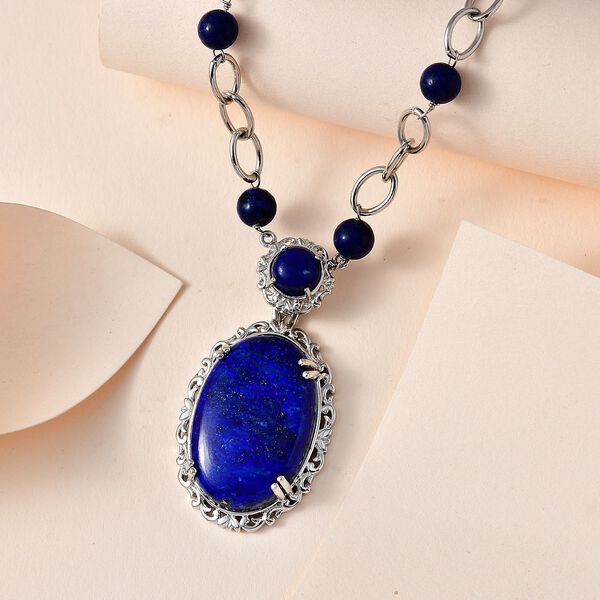 Lapislazuli Halskette, ca. 45 cm, platiniert, ca. 51.12 ct image number 2
