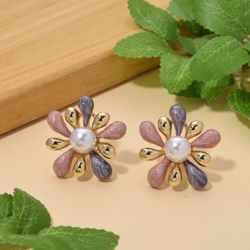 Emaille-Ohrringe im floralen Design mit Glasperle, goldfarben, pink-lavendel image number 1