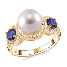 Weiße Muschelkernperle, Kyanit Ring 925 Silber vergoldet (Größe 16.00)