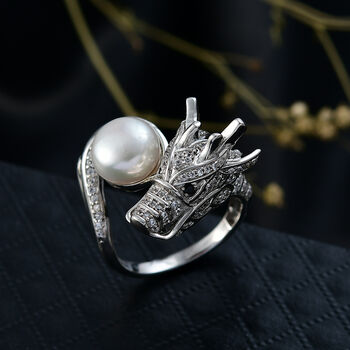 EVER TRUE S&uuml;&szlig;wasser Perle (9-9.5 mm), Schwarzer Spinell Ring Nickelfreies Messing (Gr&ouml;&szlig;e 21.00)