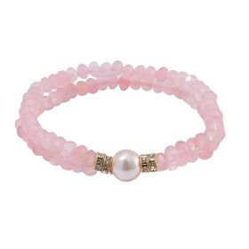 Muschelkernperle (9-11 mm) Armband mit Rosenquarz und Weißem Kristall, flexibel, Goldfarben