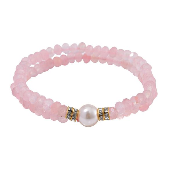 Flexibles Muschelkernperle, Rosenquarz und wei&szlig;es Kristall Armband