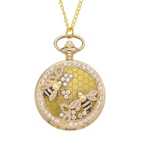 Strada - Weiße Kristall Taschenuhr im Bienenstock Design, japanisches Uhrwerk, goldfarben image number 0
