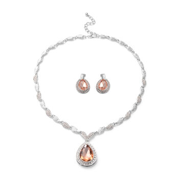 2er Set - Designer Glaskristall-Halskette und Ohrringe, silberfarben, braun, ca. 55.53 ct