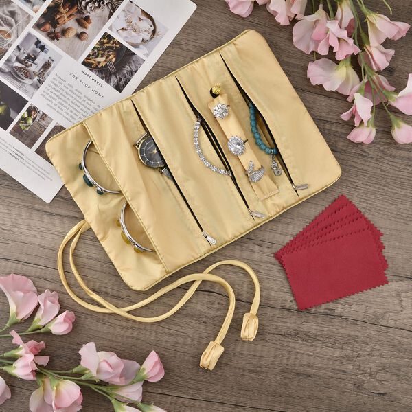 Schmuckorganizer aus Satin mit Stickerei und 5 Premium-Poliert&uuml;chern, 20x9cm, Gold image number 2