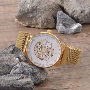 GENOA Automatik-Uhr, Wei&szlig;es ausgeh&ouml;hltes Sonnenstrahl-Zifferblatt, goldfarbenes Geh&auml;use & goldfarbenes 316L Edelstahl armband, 10.25 cm