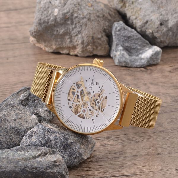 GENOA Automatik-Uhr, Wei&szlig;es ausgeh&ouml;hltes Sonnenstrahl-Zifferblatt, goldfarbenes Geh&auml;use & goldfarbenes 316L Edelstahl armband, 10.25 cm image number 1