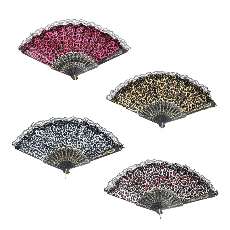 4er - Set Handfächer im japanischen Stil, Leopard Druck, weiß, Rosa, Gelb image number 0