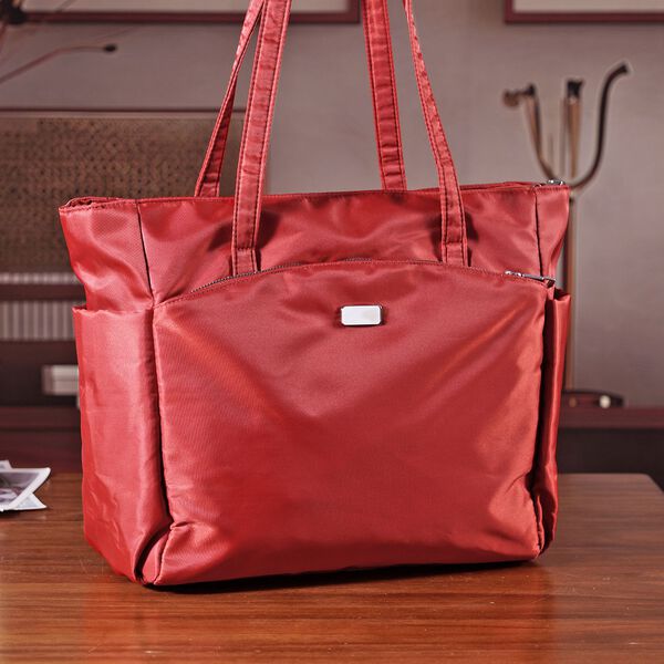 Signature Handtasche, edles Nylon Design mit 3 Rei&szlig;verschluss Taschen und 2 offenen Au&szlig;entaschen, 30x30x10cm, Burgunderrot image number 1