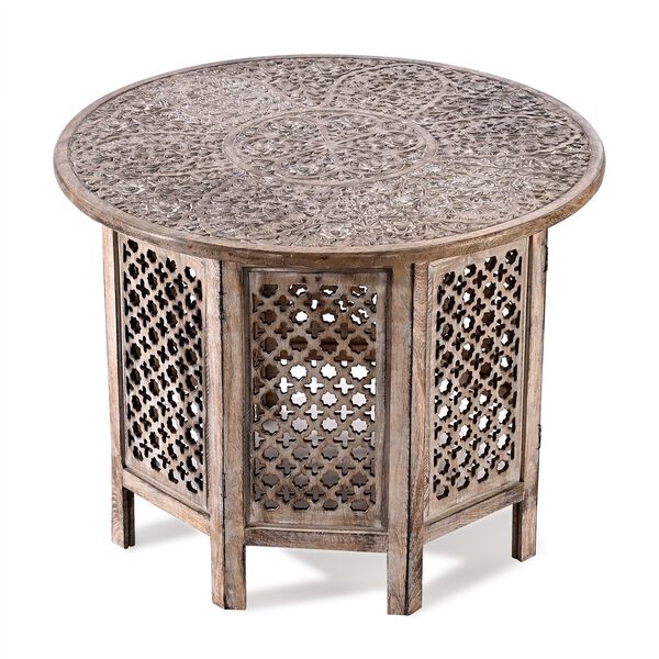 NAKKASHI Handgeschnitzter Couchtisch aus Mangoholz, 68x68x51cm, weißes Finish image number 5