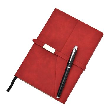 Klassisches Kunstleder-Notizbuch und Kugelschreiber-Geschenkset, 21x15 cm, rot