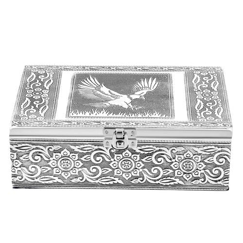 2er-Set – Oxidierte 20x13,5x7cm Aluminium-Schmuckbox und 16x9,5x3,8cm Perlen-Box, Adler-Prägung, Silber und Blau image number 1