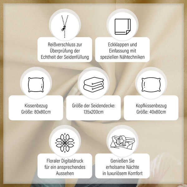 SERENITY NIGHT: 3er-Set - Seidensteppdecke und 2 Kissenbezüge, Blumenmuster, Senf und Mauve  image number 2