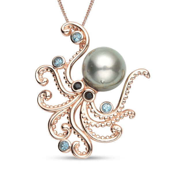 Tahiti Perle und London Blau Topas-Anh&auml;nger mit Kette, ca. 45 cm, 925 Silber ros&eacute;vergoldet ca. 0,18 ct