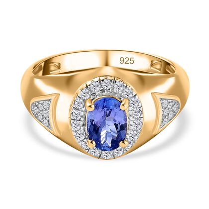 Tansanit, Wei&szlig;er Zirkon Ring, 925 Silber Gelbgold Vermeil, (Gr&ouml;&szlig;e 20.00) ca. 1.09 ct