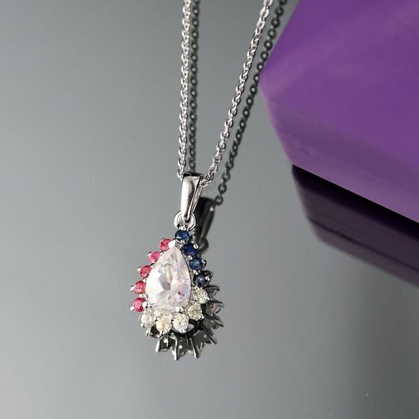 D joy AAA Prämie Malagasy Regenbogen Mondstein, Mehrfarbiger Saphir Anhänger mit Kette, 925 Silber rhodiniert ca. 1,16 ct. image number 2
