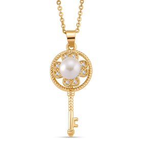 Weiße Süßwasser Perle, Weißer Zirkonia Schmuckset ca. 50 cm Nickelfreies Messing, Reines Kupfer vergoldet 8.00 ct