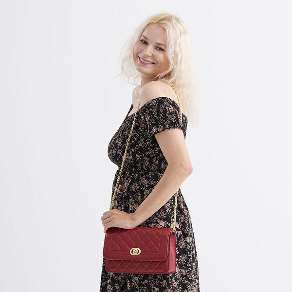 100% Echtleder Crossbody Tasche mit Metallkettenriemen in Stepp-Optik, 23,5x15x8cm, Burgundrot image number 2