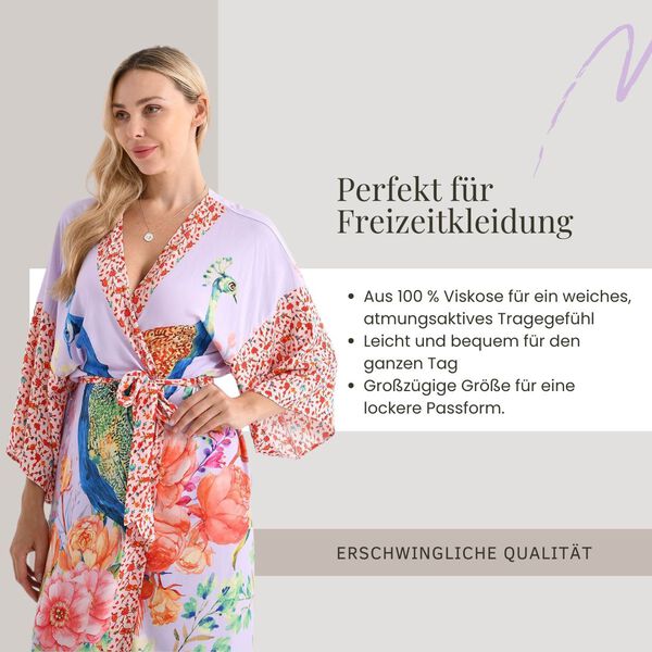 Kimono mit G&uuml;rtel, floralem Pfauenmuster, 128&times;78 cm, Fliederfarben image number 3