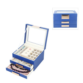 Schmuckschatulle aus Kunstleder mit Glasdeckel, Anti-Anlauf-Futter, Blau