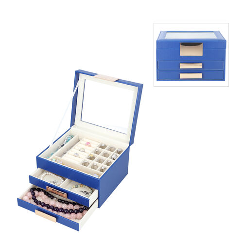 Schmuckschatulle aus Kunstleder mit Glasdeckel, Anti-Anlauf-Futter, Blau image number 0