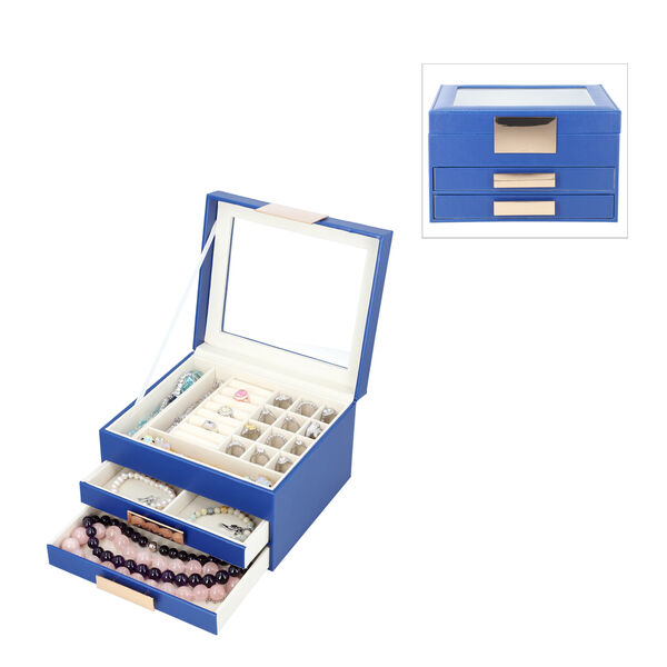 Schmuckschatulle aus Kunstleder mit Glasdeckel, Anti-Anlauf-Futter, Blau
