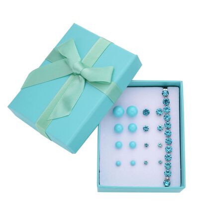 9er Set - Blaue Muschelkernperlen Ohrringen, Kristallohrringen mit Armband, Messing und Edelstahl