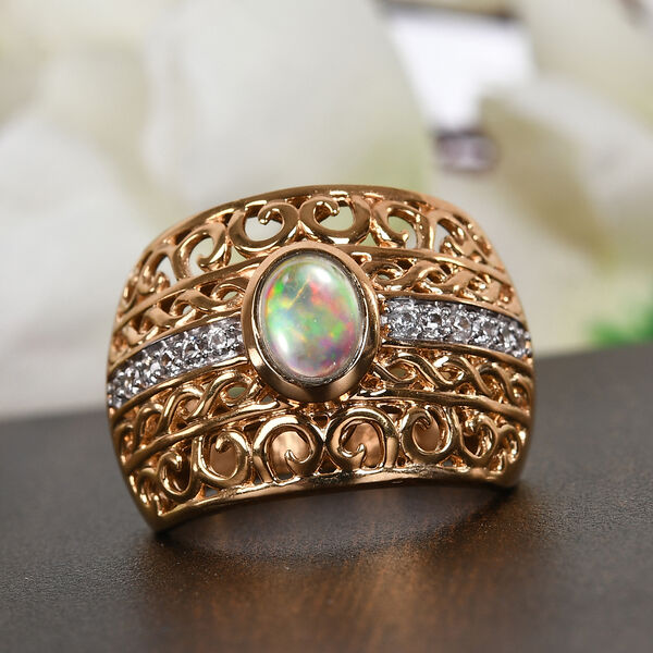Natürlicher Äthiopischer Opal und Zirkon Ring 925 Silber 585 Vergoldet image number 2
