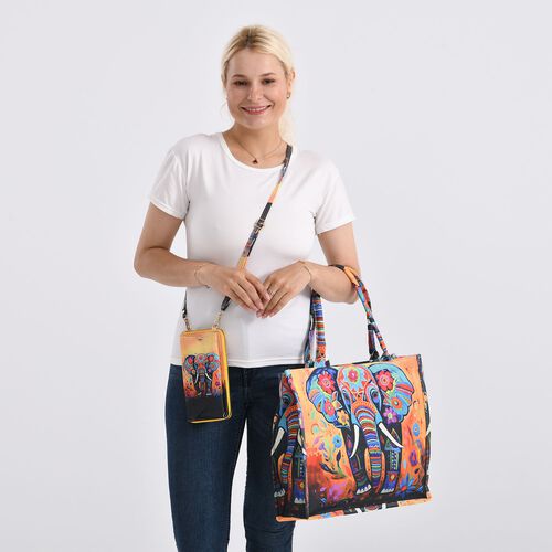 2-teiliges Taschenset - 40x12x35cm Shopper und 20x11x2cm Handytasche, Elefantenmotiv image number 1