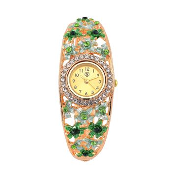 STRADA Blumenzauber Bangleuhr mit PC21S Japanischem Uhrwerk, wei&szlig;en Kristallen und reinem Edelstahl, Neongr&uuml;n