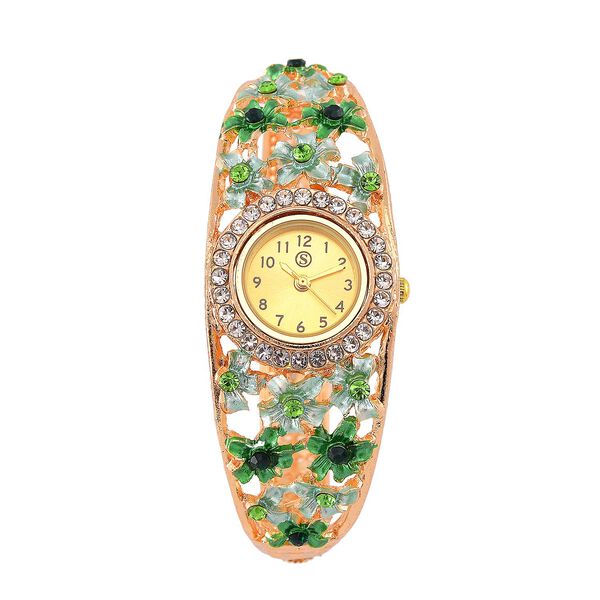 STRADA Blumenzauber Bangleuhr mit PC21S Japanischem Uhrwerk, wei&szlig;en Kristallen und reinem Edelstahl, Neongr&uuml;n