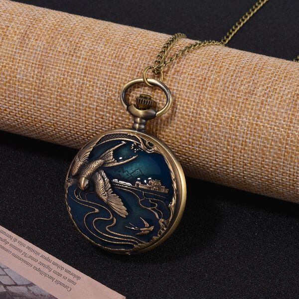 STRADA Antike Bronze Schwalbenmuster Taschenuhr, Japanisches Werk, 79 cm antike bronzene Eisenkette image number 2