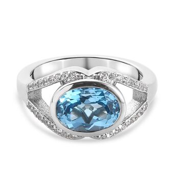 Blauer Topas und Zirkon Ring 925 Silber platiniert (Gr&ouml;&szlig;e 16.00) 2.26 ct