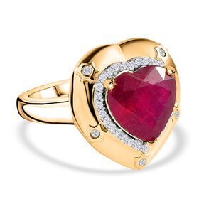 Afrikanischer Rubin (Fissure gefüllt), Weißer Zirkon Ring, 925 Silber Gelbgold Vermeil, (Größe 18.00) ca. 5.44 ct