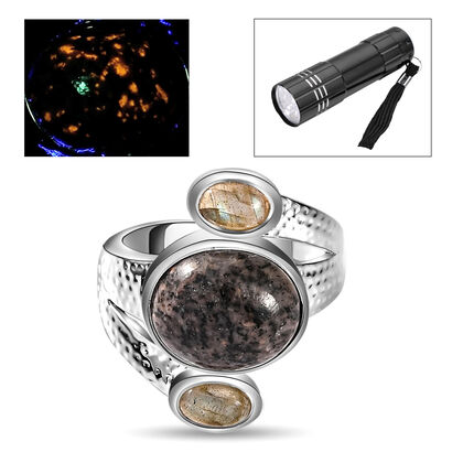 Handgearbeiteter, natürlicher Yooperlith und Labradorit-Ring, 925 Silber, ca. 6,23 ct