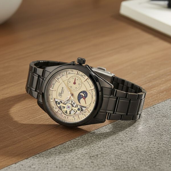 GENOA TIME V2 - Automatik-Armbanduhr, Mechanisches Uhrwerk, Edelstahlarmband, Schwarz-Goldfarben, Beigefarbenes Zifferblatt image number 1