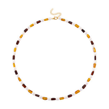 D'Joy Nat&uuml;rlicher Baltischer Bernstein, Wei&szlig;e S&uuml;&szlig;wasser Perle (6-8mm) Halskette ca. 50 cm 925 Silber Vergoldet