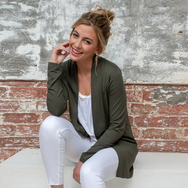 TAMSY - Jersey Cardigan mit offener Vorderseite f&uuml;r Damen, Gr&ouml;&szlig;e 38, Khaki image number 4