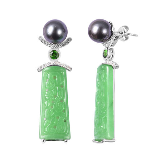 Handgeschnitzte Grüne Jade Ohrhänger 925 Silber rhodiniert ca. 36,53 ct  image number 1